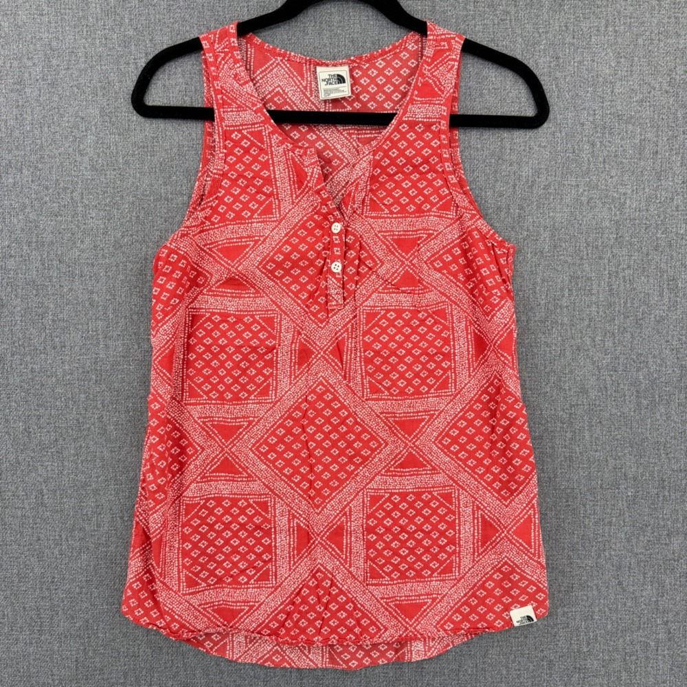 The North Face Womens Red Print Organic Cotton Henley Tank Top Small